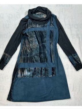 C’Fait Pour Vous Paris Cowl Neck Mini Dress Size 2 Black Blue Velvet Faux Suede
